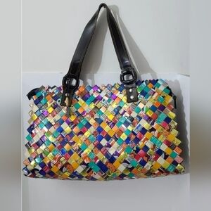 Nahui Ollin Large Candy Wrapper Tote Bag Purse With Leather Straps~Excellent